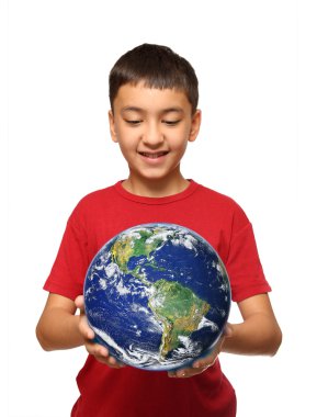 Asian boy holding earth palnet clipart