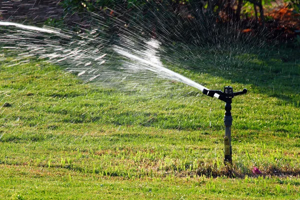 Irrigatore Irrigazione Prato Verde Nella Giornata Sole — Foto Stock