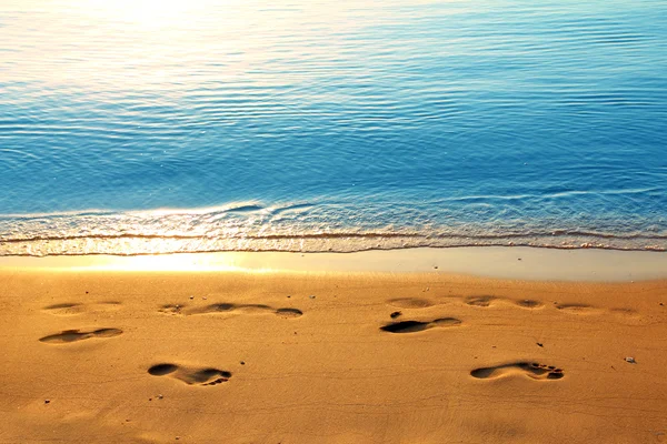 Stopy v písku podél moře za svítání — Stock fotografie