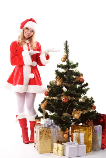 Árbol de Navidad y niña santa —  Fotos de Stock