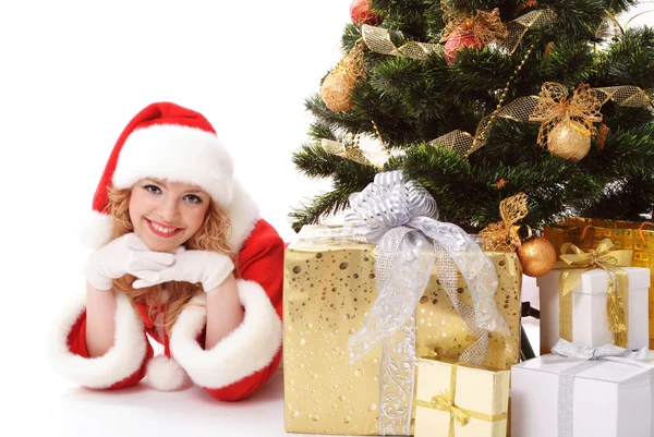 Vánoční strom a santa girl — Stock fotografie