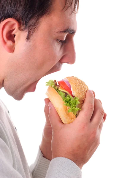 Мужчина хочет изолированный гамбургер — стоковое фото