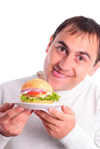 El hombre quiere una hamburguesa aislada — Foto de Stock