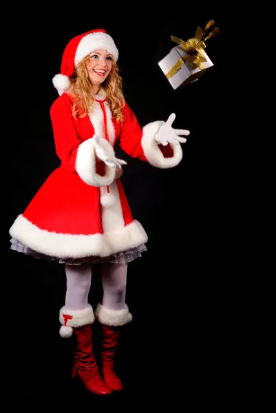 Christmas santa girl on black — Stock Photo, Image