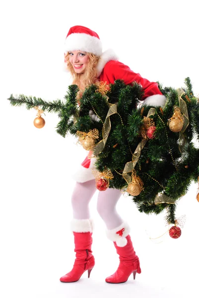Christmas tree and santa girl — Stock Photo, Image