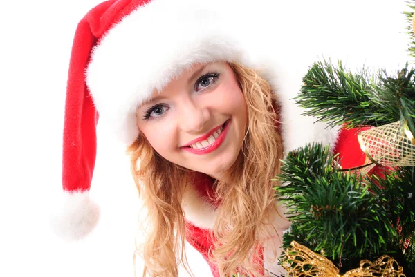 Christmas tree and santa girl — Stock Photo, Image