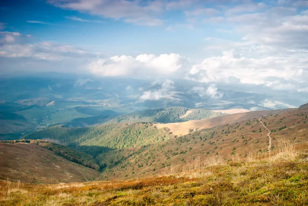 美丽的蓝色天空和干草地高在喀尔巴阡山脉 — 图库照片