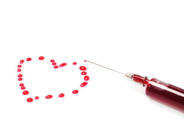 Heart Shape Drops Red Liquid Syringe Isolated White Background — Stock Photo, Image