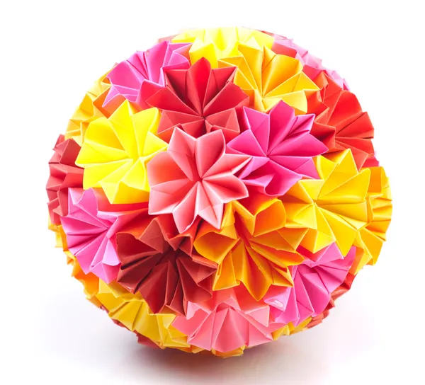 Derma Origami Kusudama Gökkuşağı Çiçekler Üzerinde Beyaz Izole Dan — Stok fotoğraf