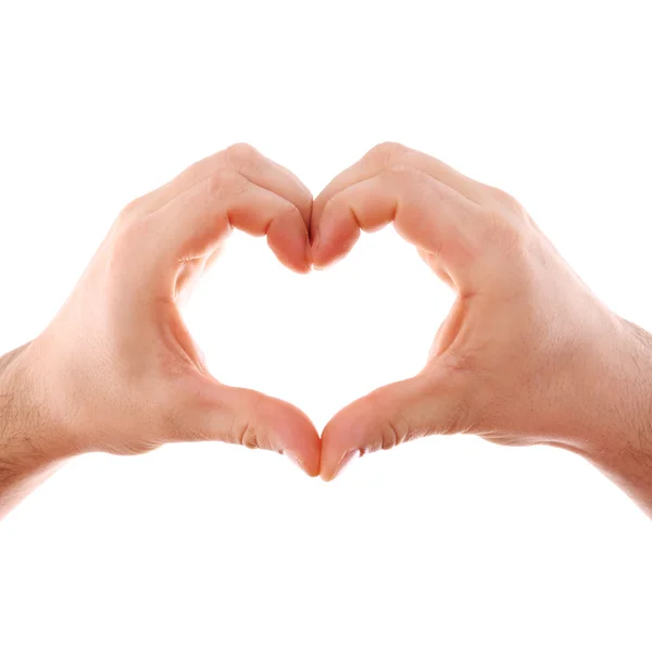Αρσενικό Χέρια Που Απομονώνονται Λευκό Καρδιά Σύμβολο — Φωτογραφία Αρχείου
