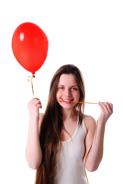 Dívka s červenými balon srdce — Stock fotografie