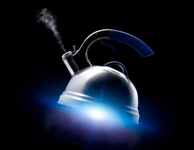 Tea kettle with boiling water on black background. Blue glow like from the spaceship's engine under the kettle. clipart