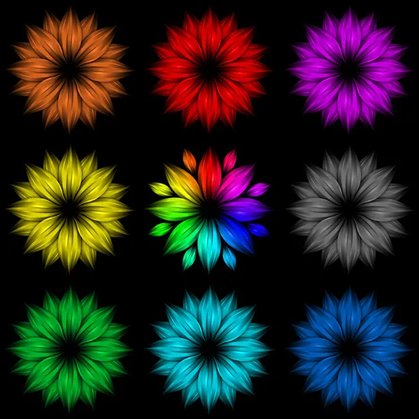 Conjunto de flores de arco iris abstractas sobre fondo negro — Foto de Stock
