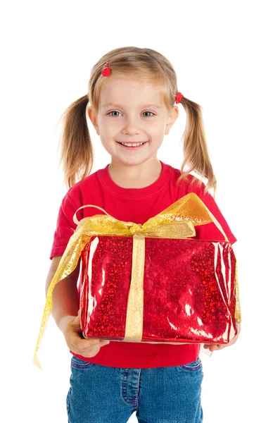 Sevimli kız wih hediye — Stockfoto