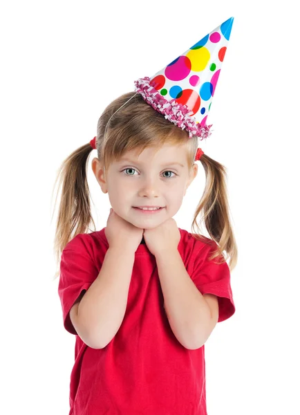 Смішна дівчина в шапці на день народження — стокове фото
