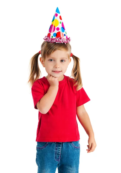 Χαριτωμένο κορίτσι με καπέλο γενεθλίων — Φωτογραφία Αρχείου