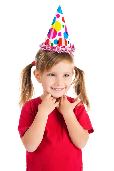 Χαριτωμένο κορίτσι με καπέλο γενεθλίων — Φωτογραφία Αρχείου