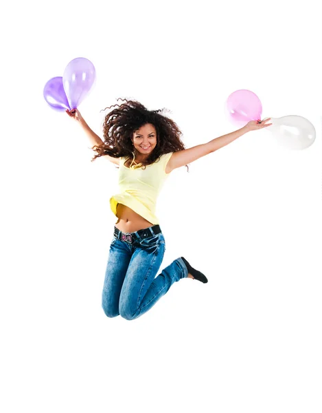 Springendes Mädchen auf weißem Hintergrund — Stockfoto