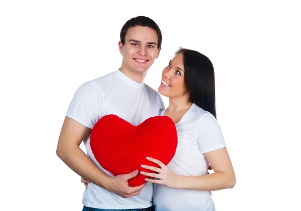 Beyaz Zemin Üzerinde Bir Kalp Ile Genç Bir Çift — Stok fotoğraf