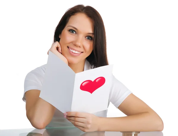 Carino Giovane Ragazza Con Una Carta San Valentino Bianco — Foto Stock
