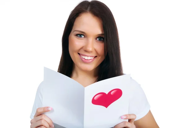 Menina Bonito Com Cartão Dia Dos Namorados Sobre Branco — Fotografia de Stock