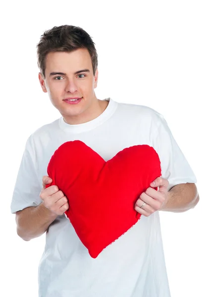 Beyaz Üzerine Kırmızı Kalpli Şirin Genç Menl — Stok fotoğraf