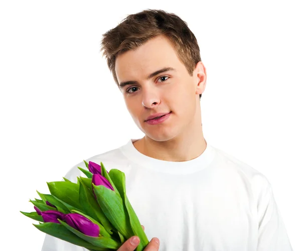 Słodkie Młodych Mężczyzn Dać Kwiaty Nad Opalać Biały — Zdjęcie stockowe