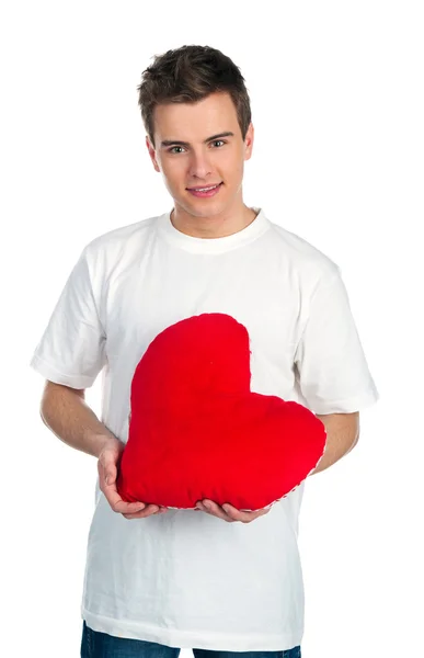 Sevimli Genç Erkek Ile Beyaz Üzerine Kırmızı Kalpler — Stok fotoğraf