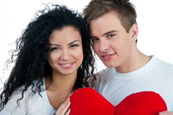 Casal Jovem Com Coração Sobre Fundo Branco — Fotografia de Stock