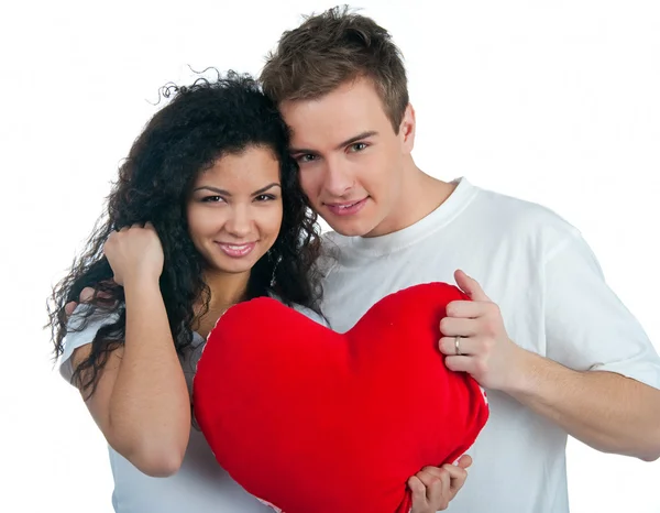 Casal Jovem Com Coração Sobre Fundo Branco — Fotografia de Stock