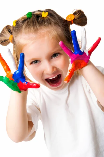 Chica sonriente con las palmas pintadas por una pintura . —  Fotos de Stock