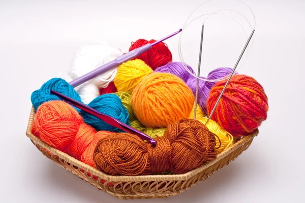Basket with thread and balls for knitting — Stock Photo, Image