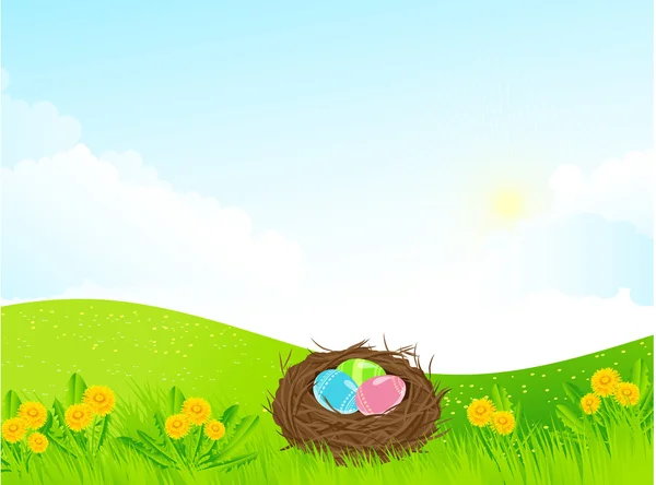 Huevos de Pascua en el nido — Vector de stock