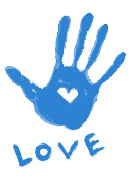 Синий Отпечаток Руки Символом Любви Словом Любовь — стоковое фото