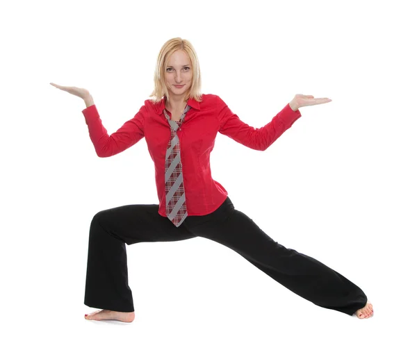 Praticar Yoga. Jovem empresária — Fotografia de Stock