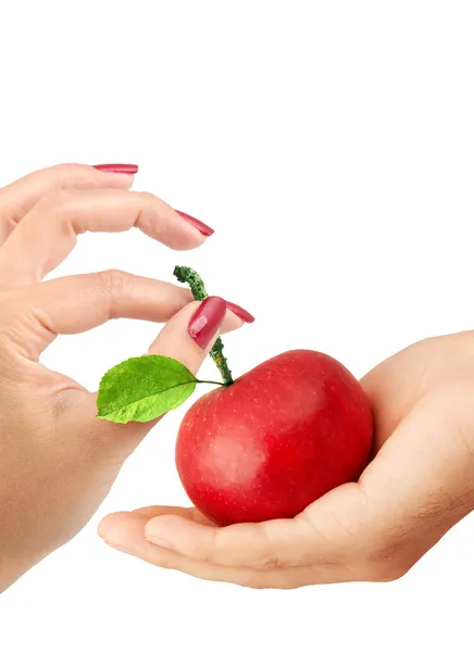Mädchen Schenkt Dem Mann Einen Apfel Auf Weißem Hintergrund — Stockfoto