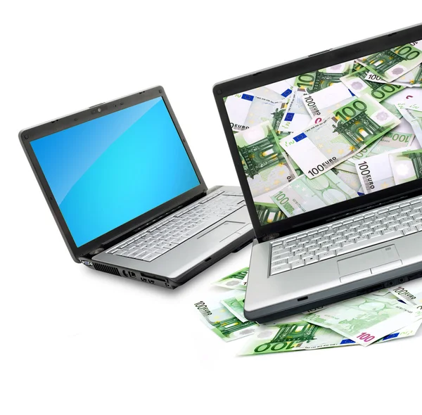 Offener Laptop Mit Geld Isoliert Auf Weißem Hintergrund — Stockfoto