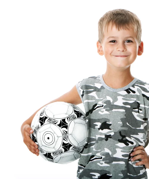 Хлопчик Тримає Футбольний Ізольовано Білому Тлі — стокове фото