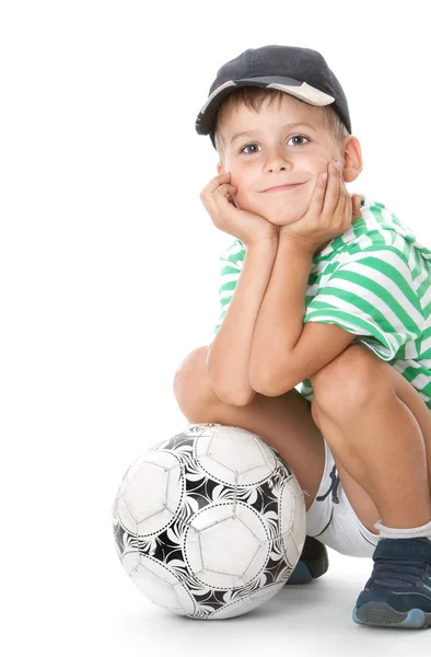 Pojken Håller Fotboll Isolerad Vit Bakgrund — Stockfoto