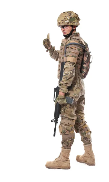 Moderna Soldat Med Gevär Isolerad Vit Bakgrund — Stockfoto