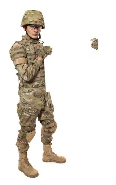 Modern soldier holding a poster — Stock Photo, Image