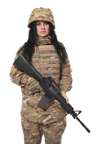 Schöne Armeemädchen Mit Gewehr Isoliert Auf Weiß — Stockfoto