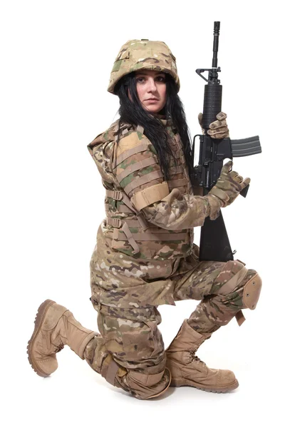 美陆军女孩用步枪上白色隔离 — 图库照片