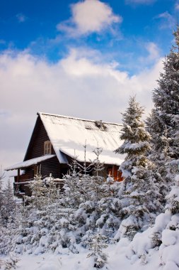 Alpine hut. kar kaplı Kış manzarası.