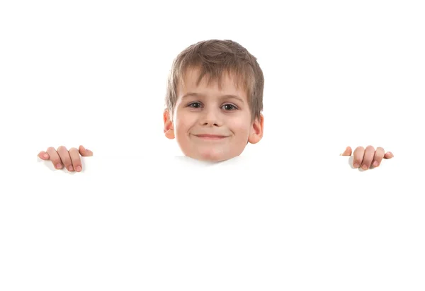 Мальчик Баннером Белом Фоне — стоковое фото