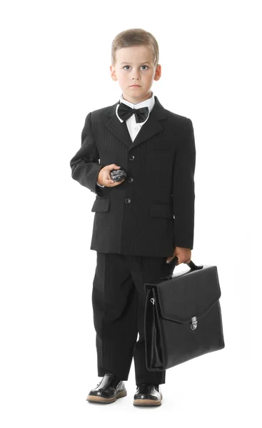 男孩抱着一个孤立在白色背景上的公文包 — 图库照片