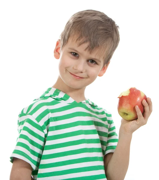 Boy Holding Apple Isolated White Background — Stock Photo, Image