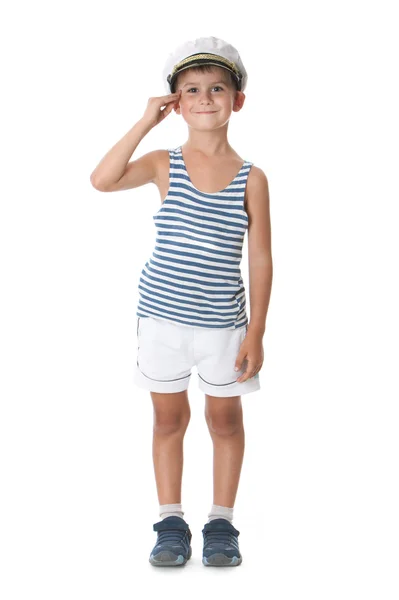 Little Sailor Boy Salute Isolated White Background — Stock Photo, Image