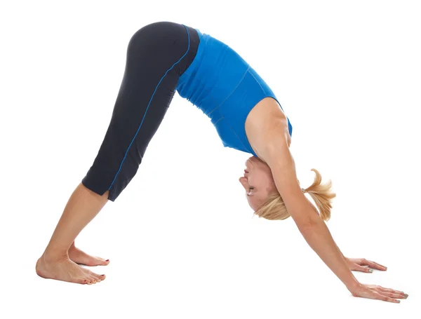 Pratico Yoga Giovane Donna Isolata Sfondo Bianco — Foto Stock