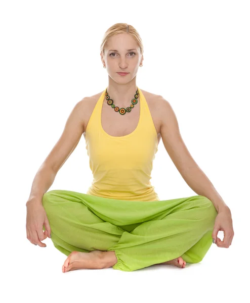 Praticar Yoga Jovem Mulher Isolada Fundo Branco — Fotografia de Stock